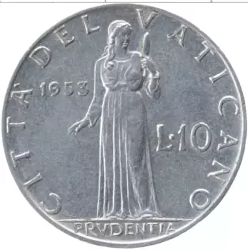 Монета 10 лир Ватикана 1953 года Алюминий Пий XII