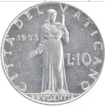 Монета 10 лир Ватикана 1953 года Алюминий Пий XII