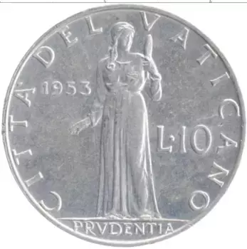 Монета 10 лир Ватикана 1953 года Алюминий Пий XII
