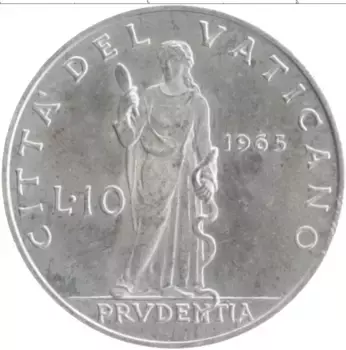Монета 10 лир Ватикана 1965 года Алюминий Павел VI