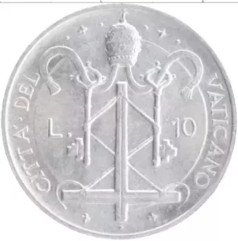 Монета 10 лир Ватикана 1967 года Алюминий Павел VI