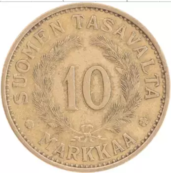 Монета 10 марок Финляндии 1938 года Бронза