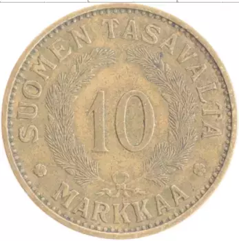 Монета 10 марок Финляндии 1938 года Бронза