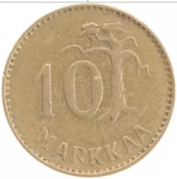 Монета 10 марок Финляндии 1952 года Латунь