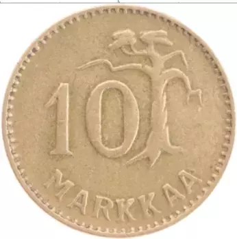 Монета 10 марок Финляндии 1953 года Латунь