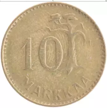 Монета 10 марок Финляндии 1953 года Латунь