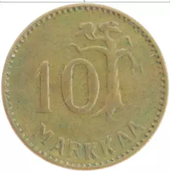 Монета 10 марок Финляндии 1955 года Латунь