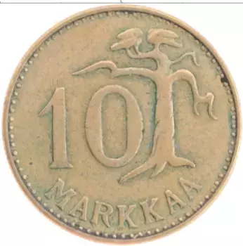 Монета 10 марок Финляндии 1961 года Латунь