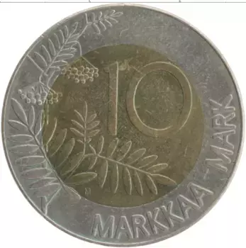 Монета 10 марок Финляндии 1993 года Биметалл
