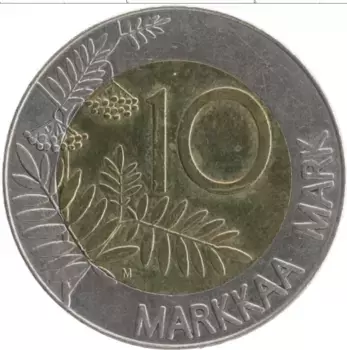 Монета 10 марок Финляндии 1993 года Биметалл