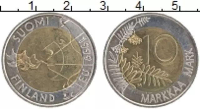 Монета 10 марок Финляндии 1999 года Биметалл Председательство Финляндии в ЕС