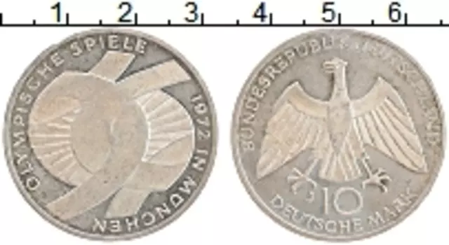 Монета 10 марок ФРГ 1972 года Серебро J Олимпиада в Мюнхене