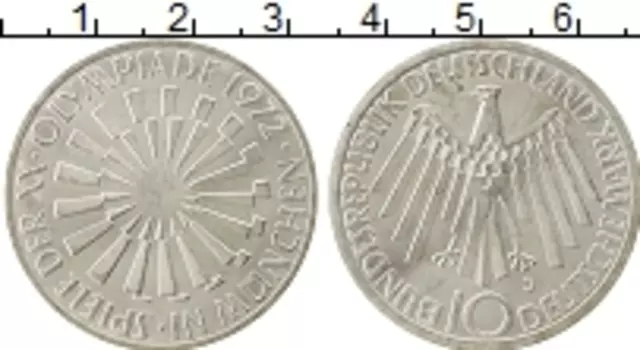 Монета 10 марок ФРГ 1972 года Серебро Олимпийские игры в Мюнхене