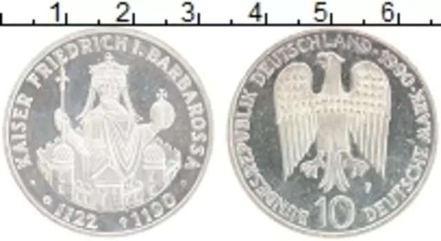 Монета 10 марок ФРГ 1990 года Серебро 800 лет со дня смерти Фридриха Барбароссы