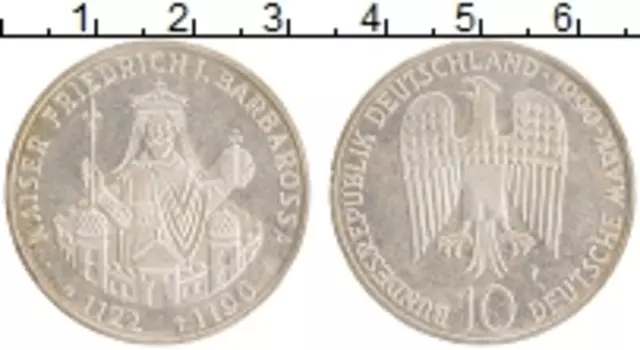 Монета 10 марок ФРГ 1990 года Серебро F 800 лет со дня смерти Фридриха Барбароссы