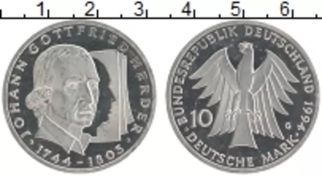 Монета 10 марок ФРГ 1994 года Серебро G 250-летие Иоганна Готфрида Хердера