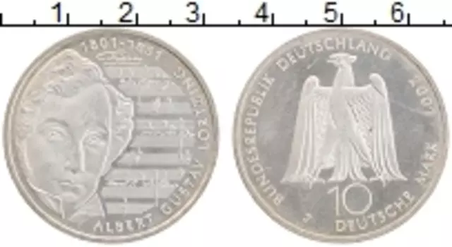 Монета 10 марок ФРГ 2001 года Серебро J 200-летие Альберта Густава Лортцинга