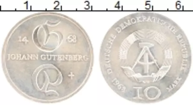 Монета 10 марок ГДР 1968 года Серебро Иоганн Гутенберг