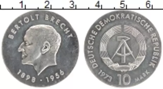 Монета 10 марок ГДР 1973 года Серебро 75 лет со дня рождения Бертольда Брехта