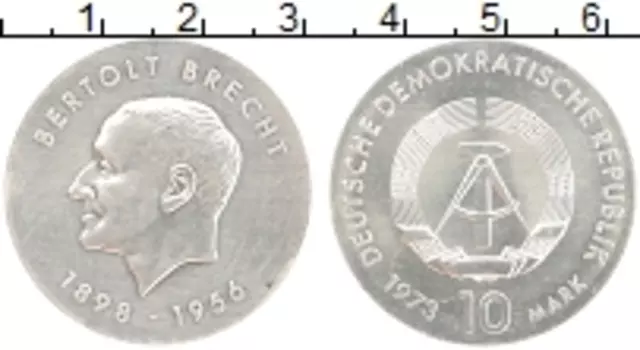 Монета 10 марок ГДР 1973 года Серебро 75 лет со дня рождения Бертольта Брехта
