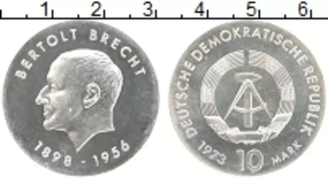 Монета 10 марок ГДР 1973 года Серебро Бертольд Брехт