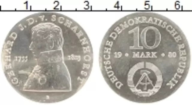Монета 10 марок ГДР 1980 года Серебро 225 лет со дня рождения Герхарда фон Шарнхорста