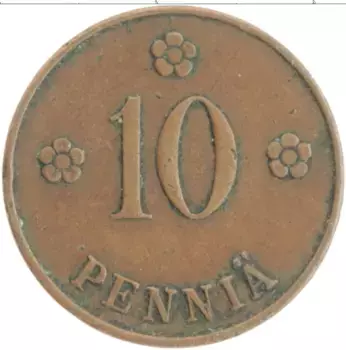 Монета 10 пенни Финляндии 1922 года Медь