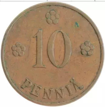 Монета 10 пенни Финляндии 1926 года Медь