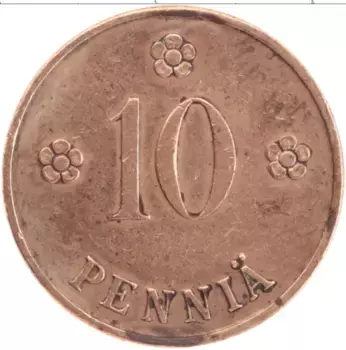 Монета 10 пенни Финляндии 1927 года Бронза