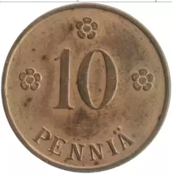 Монета 10 пенни Финляндии 1927 года Медь