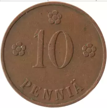 Монета 10 пенни Финляндии 1928 года Бронза