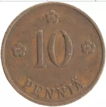 Монета 10 пенни Финляндии 1936 года Медь