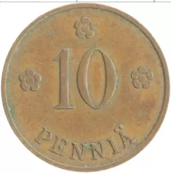 Монета 10 пенни Финляндии 1936 года Медь