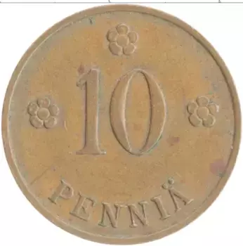 Монета 10 пенни Финляндии 1936 года Медь