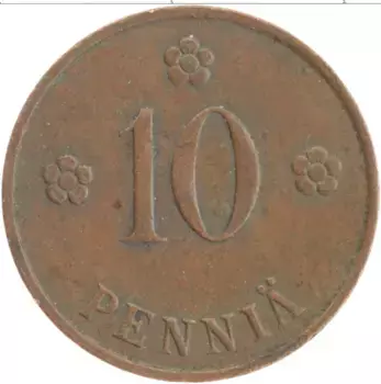 Монета 10 пенни Финляндии 1937 года Медь Герб