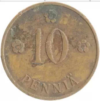 Монета 10 пенни Финляндии 1937 года Медь