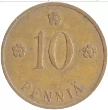 Монета 10 пенни Финляндии 1937 года Медь