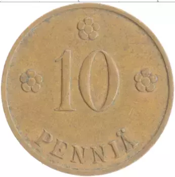Монета 10 пенни Финляндии 1937 года Медь