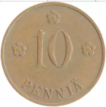 Монета 10 пенни Финляндии 1937 года Медь