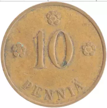 Монета 10 пенни Финляндии 1937 года Медь