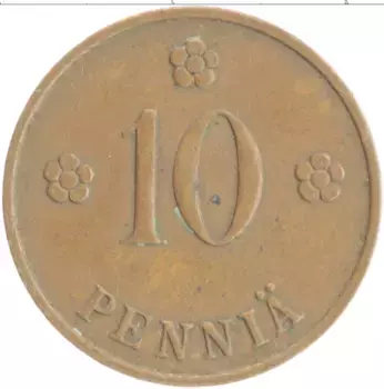 Монета 10 пенни Финляндии 1937 года Медь