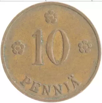 Монета 10 пенни Финляндии 1937 года Медь