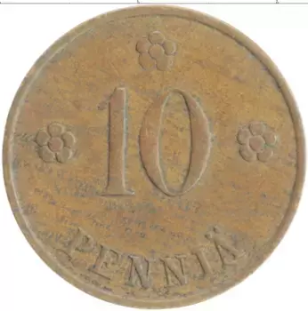 Монета 10 пенни Финляндии 1937 года Медь