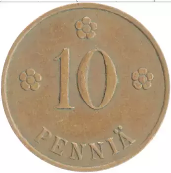 Монета 10 пенни Финляндии 1937 года Медь