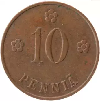 Монета 10 пенни Финляндии 1938 года Бронза