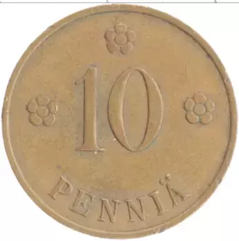 Монета 10 пенни Финляндии 1938 года Медь