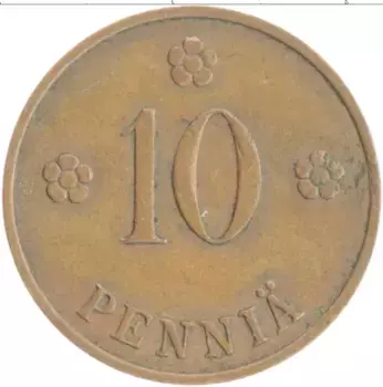 Монета 10 пенни Финляндии 1938 года Медь