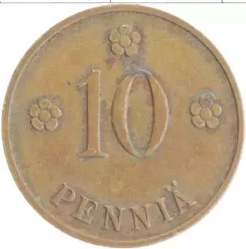 Монета 10 пенни Финляндии 1938 года Медь