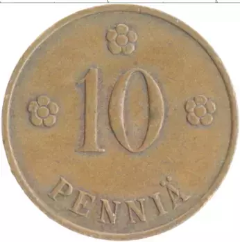 Монета 10 пенни Финляндии 1938 года Медь