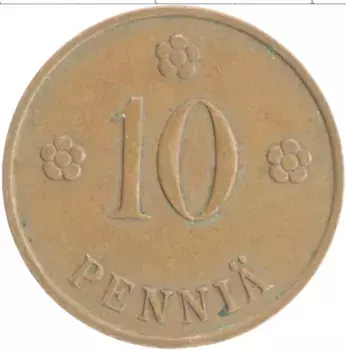 Монета 10 пенни Финляндии 1938 года Медь